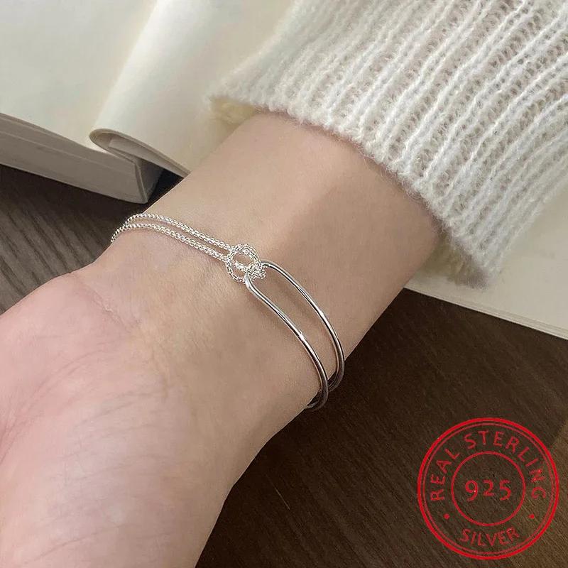 Настоящее серебро 925 пробы асимметричный двухслойный браслет-цепочка для женщин хип-хоп ювелирные изделия минималистичные аксессуары