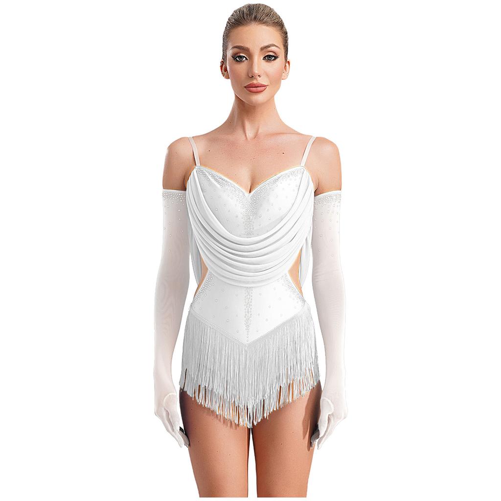 Womens Sparkling Tassel Dancewear Mesh Draped Leotard Rhinestone Fringed Bodysuit Adjustable Strap Gymnastics Outfit