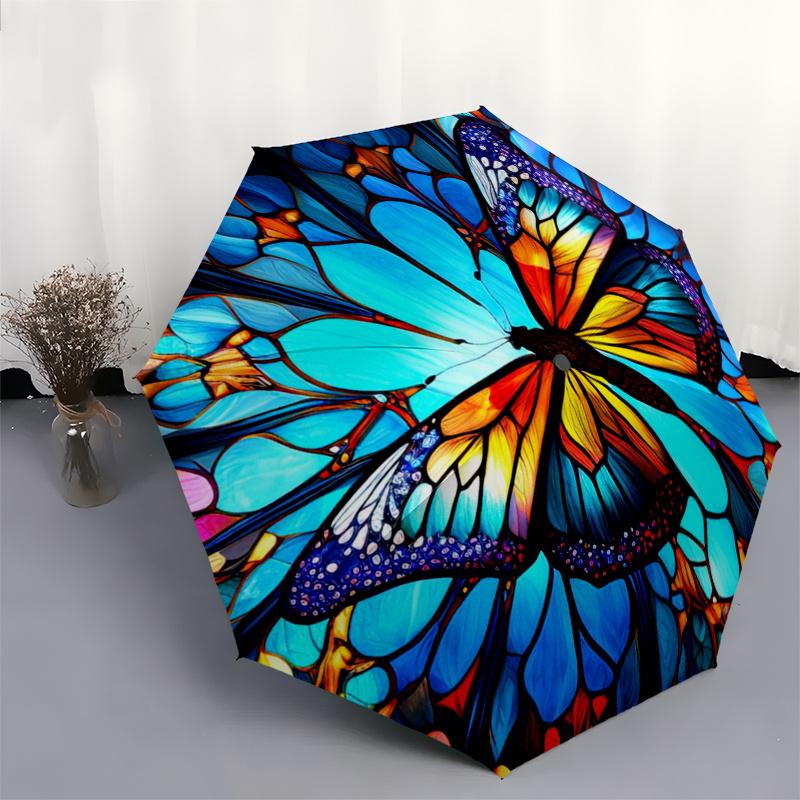 Colorful Butterfly Stained Umbrella, Portable 3-Fold Umbrella for Men & Women,Christmas Gift ES232
