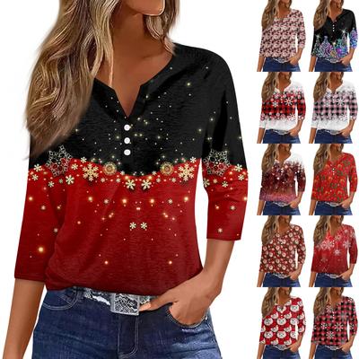 Жен. Футболка Футболка С принтом Пуговицы Рукав 3/4Ежедневно Выходные Мода Классический Топ с v-образным вырезом Обычный