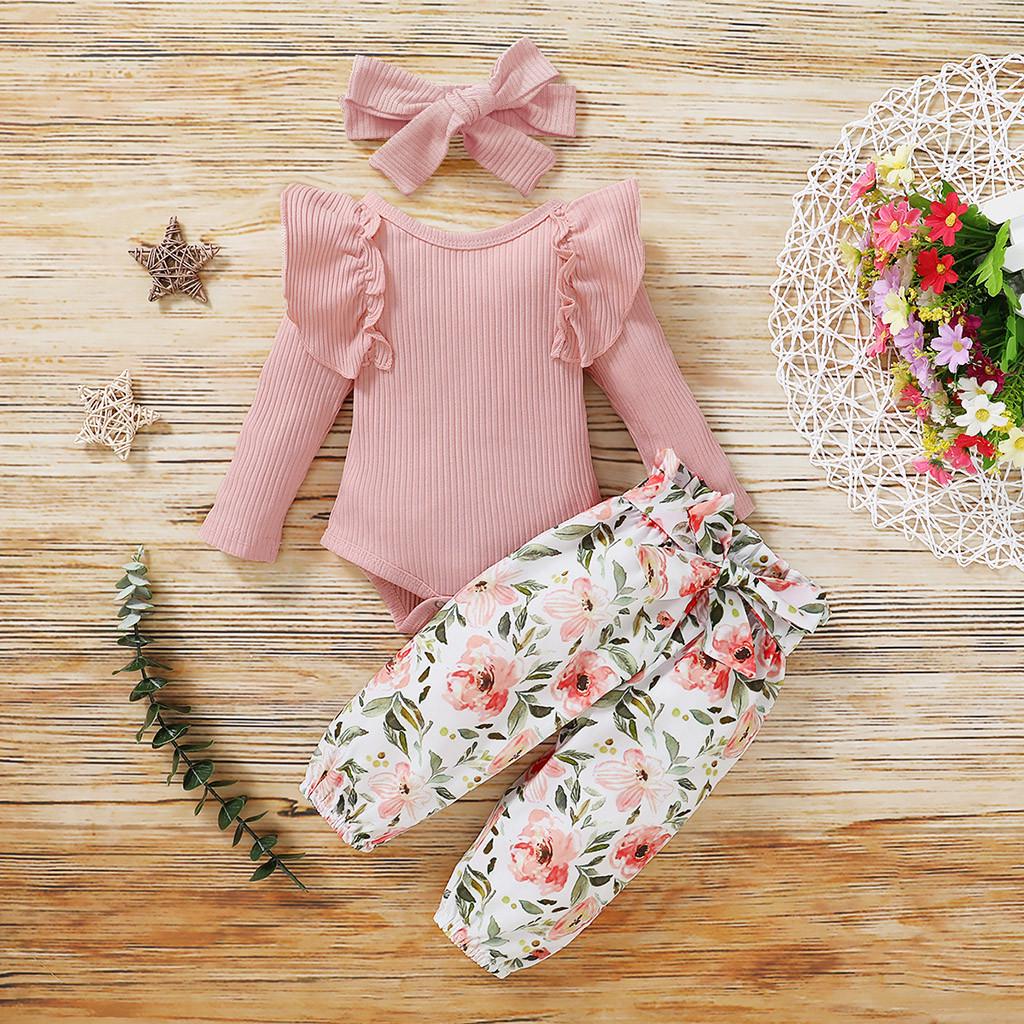 Toddler Baby Girls Long Sleeve Ruffles Romper Bodysuit+Floral Pants Outfits