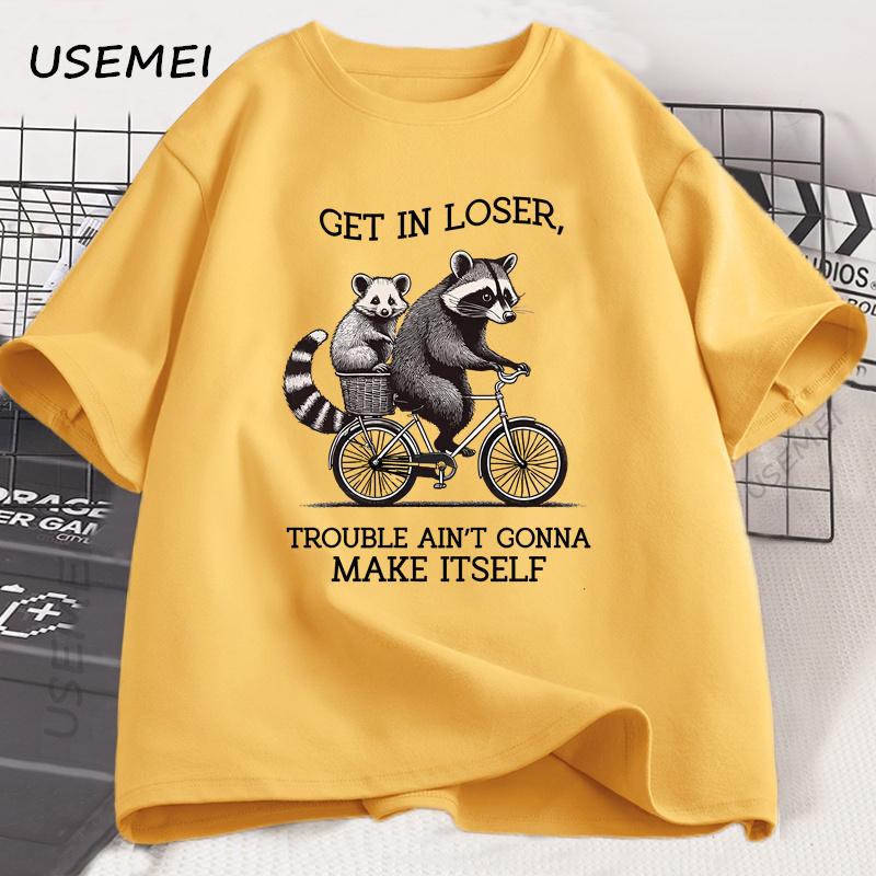 Get In Loser T Shirt Funny Raccoon Graphic T Shirts Cotton Short Sleeve Printed Casual Loose Oversize Cotton Clothing Tops