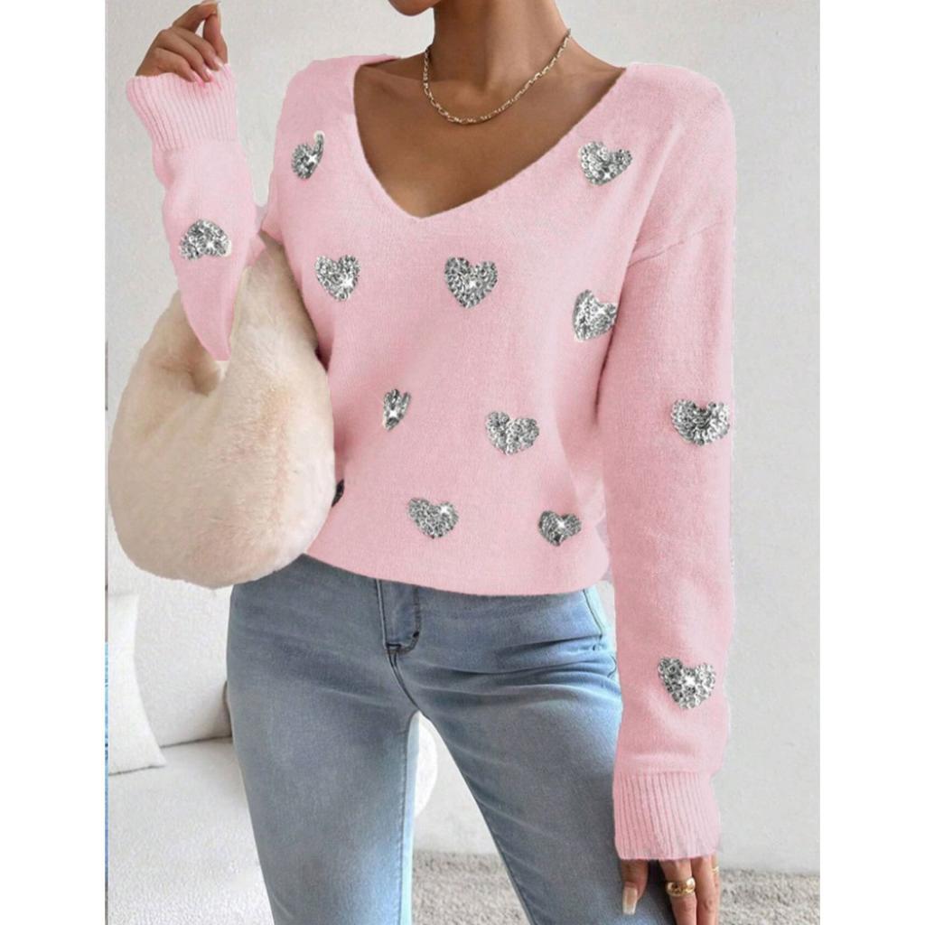 Women V Neck Long Sleeve Sequin Heart Print Knit Sweater Loose Fit Valentine Pullover Top