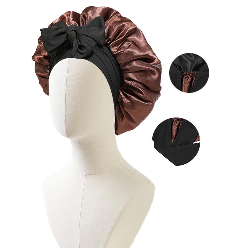 Satin Nightcap with Ribbon Bowknot, Double-Sided Silk Hair Cap, Leopard Print
