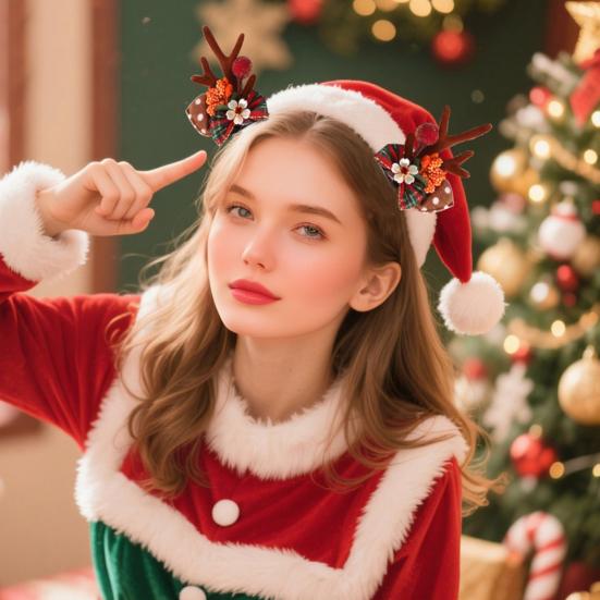 1 пара рождественских заколок для волос, праздничный дизайн с оленьими рогами, декор из искусственного жемчуга и плюшевых шариков, заколки для волос, реквизит для фотосъемки на рождественской вечеринке