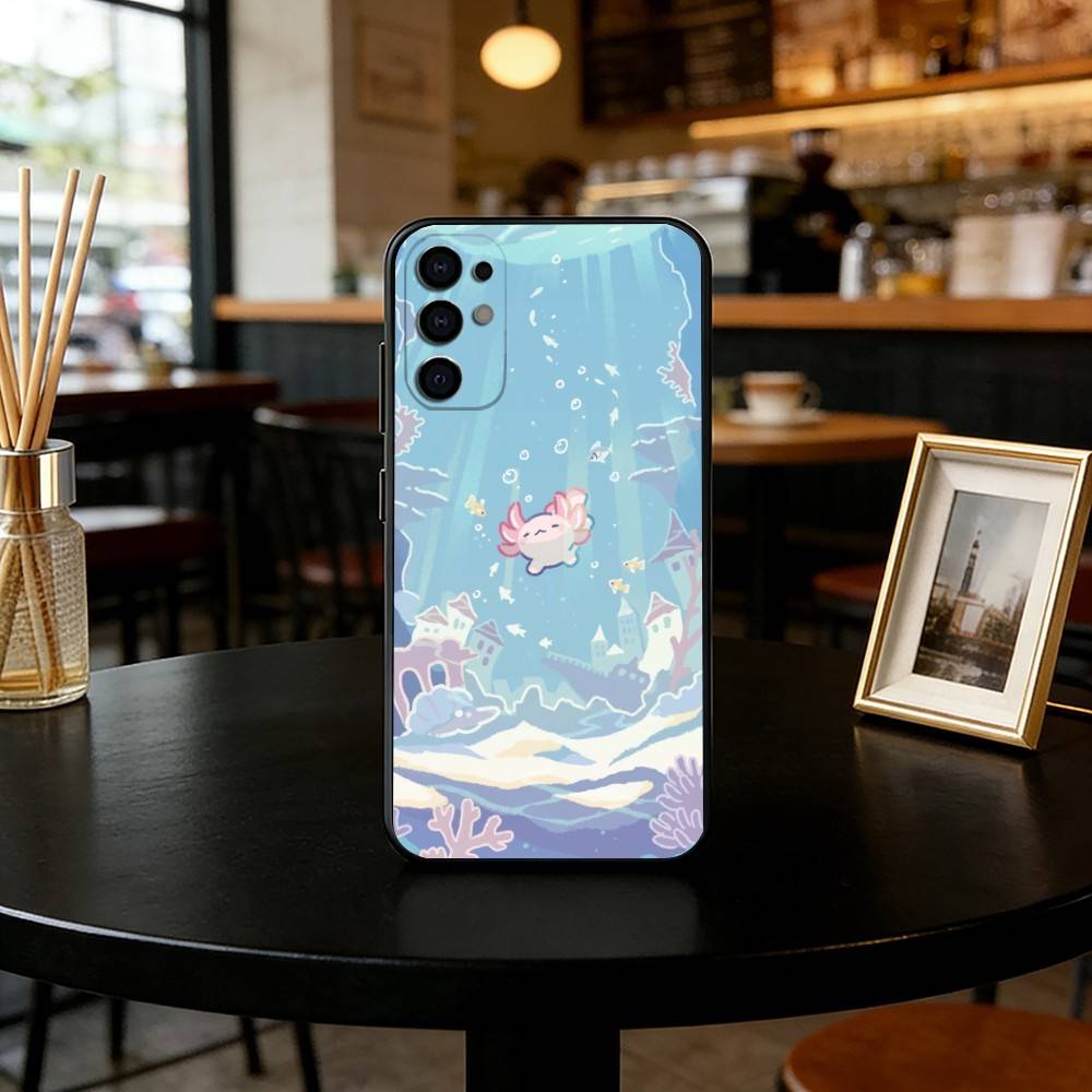 Милый аксолотль Чехол для телефона Для Samsung S25,S24,S21,S22,S23,S30,Ultra,S20,Plus,Fe,Lite,Note,10,Черный Чехол