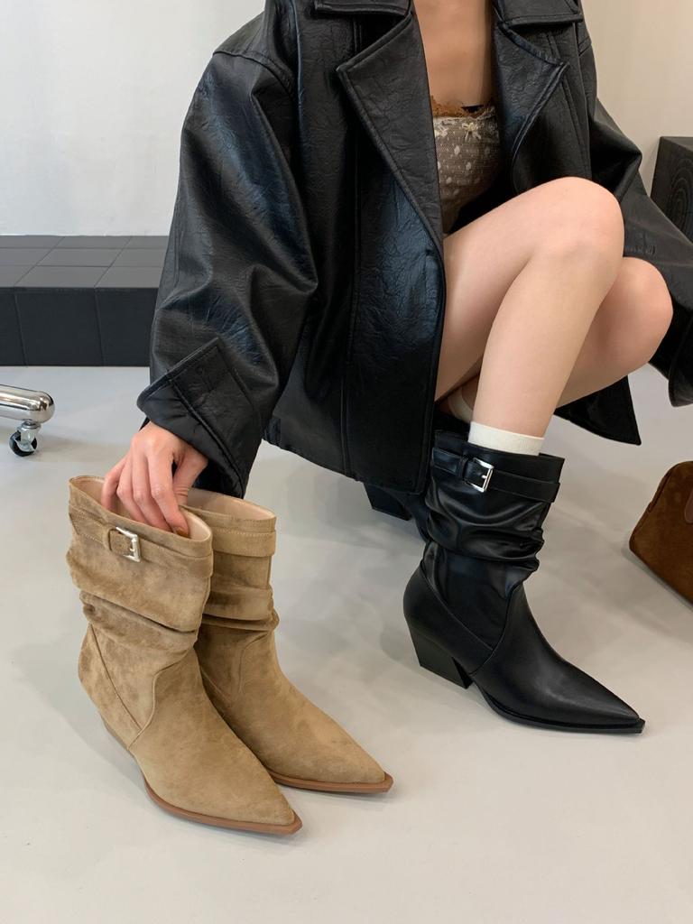 French Retro Pointed Suede Thick Heel Medium Boots Women's 2025 Autumn and Winter New Pleated Pile Boots Western Cowboy Boots