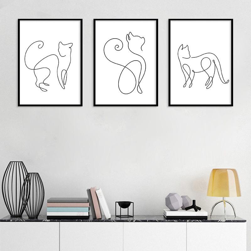 Nordic Minimalist Black and White Line Cat Animal Canvas Painting Home Decoration Hanging Painting Frameless Wall Art Kitchen No Frame