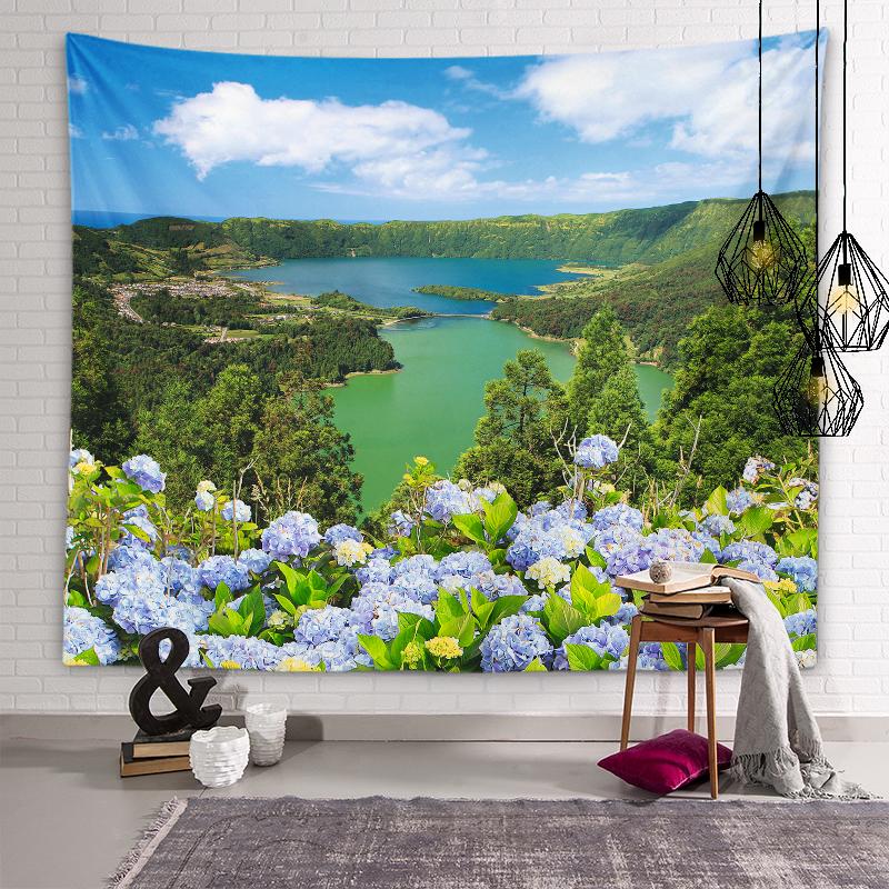 Горы, озеро, цветы, настенное искусство, декоративный эстетический гобелен, фон, Настенный декор, гостиная, спальня, домашний декор, гобелен