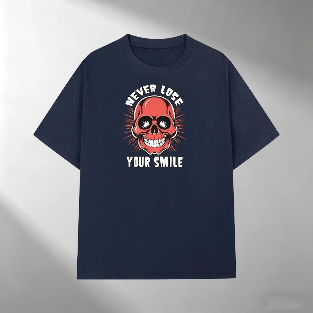 Unisexs Cotton Tshirt Streetwear Never Lose Your Smile Skull Print Short Sleeve Casual Summer Oneck Tee Top Style Loose Tshirt