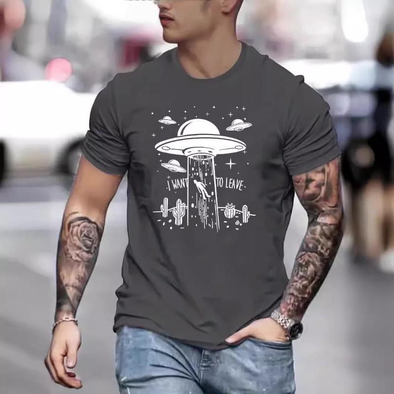 Мужская футболка свободного кроя с круглым вырезом и короткими рукавами с принтом инопланетного космического корабля