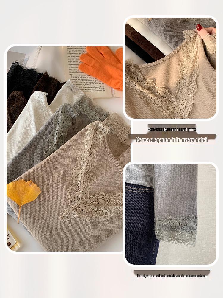 Женская футболка с V-образным вырезом, кружевной отделкой, облегающего кроя, с длинными рукавами и начесом (Коллекция Ранней Осени 2025)