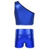 Kids Girls Metallic Single Shoulder Crop Top with High Waist Shorts for Sports Gymnastics Workout