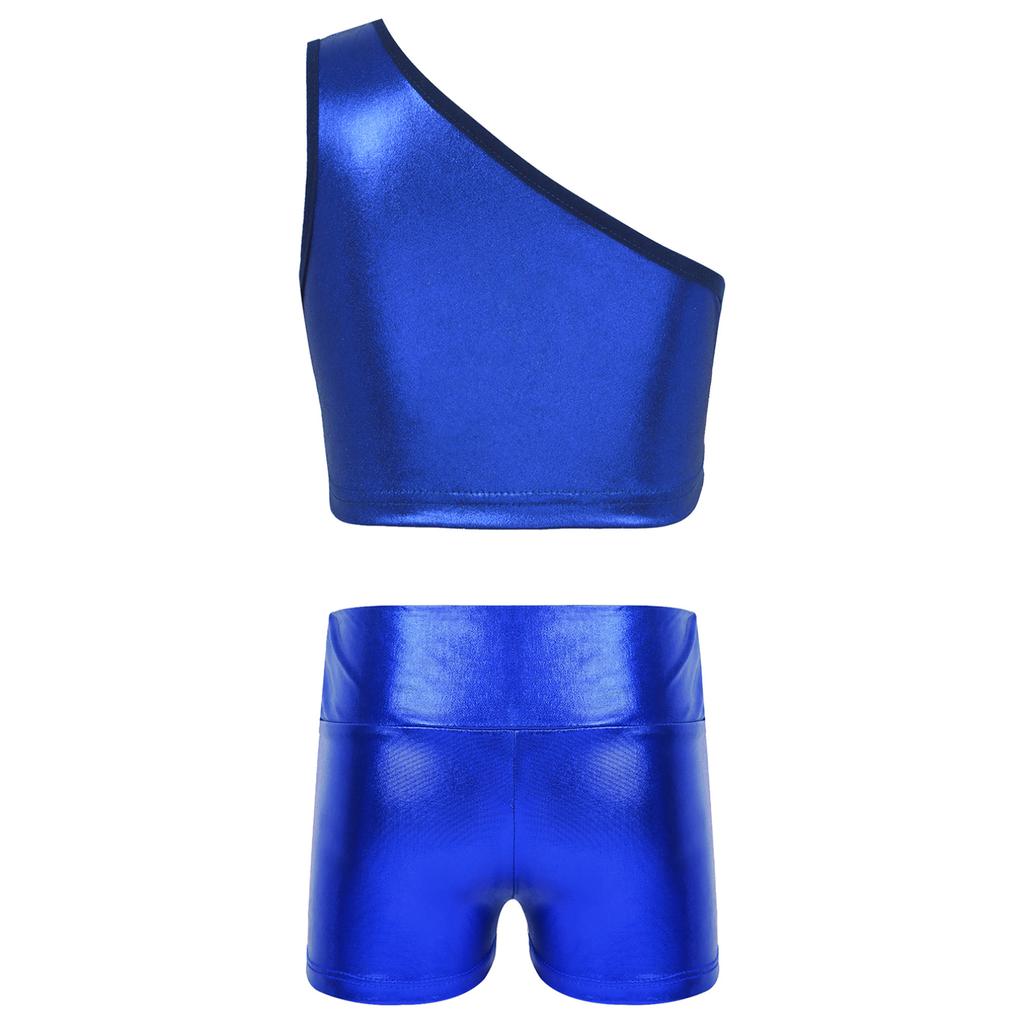 Kids Girls Metallic Single Shoulder Crop Top with High Waist Shorts for Sports Gymnastics Workout