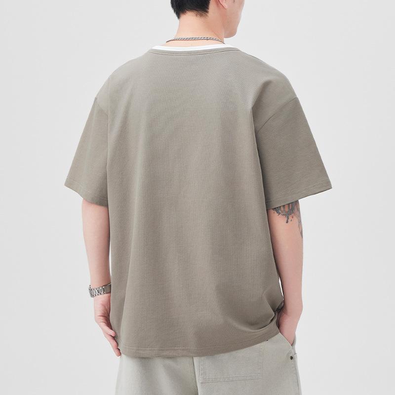 Летняя новая футболка с коротким рукавом, мужская свободная футболка с V-образным вырезом, футболка-обманка из двух частей, свободный японский ретро-стиль