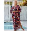 Plus Size Boho Cover Up, Women's Plus Painting Print Bat Sleeve V Neck Split Hem Maxi Cover Up Dress