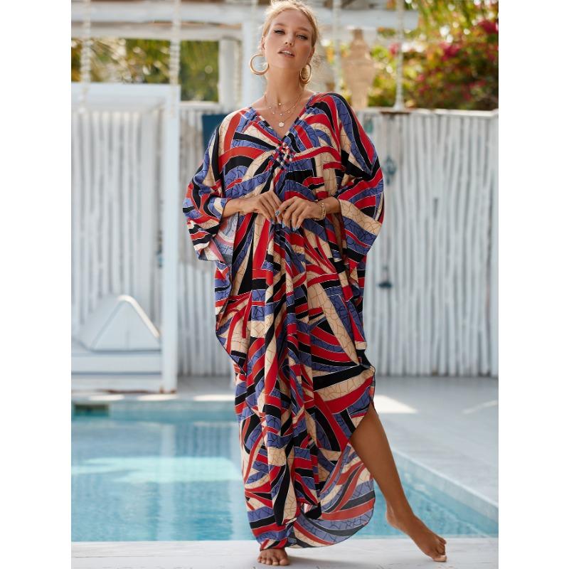 Plus Size Boho Cover Up, Women's Plus Painting Print Bat Sleeve V Neck Split Hem Maxi Cover Up Dress