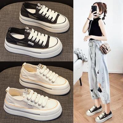 Женские белые туфли на толстой подошве на платформе, летние, новые, универсальные, из парусины, сетчатые, для спорта и отдыха, со стразами, для скейтбординга, модные