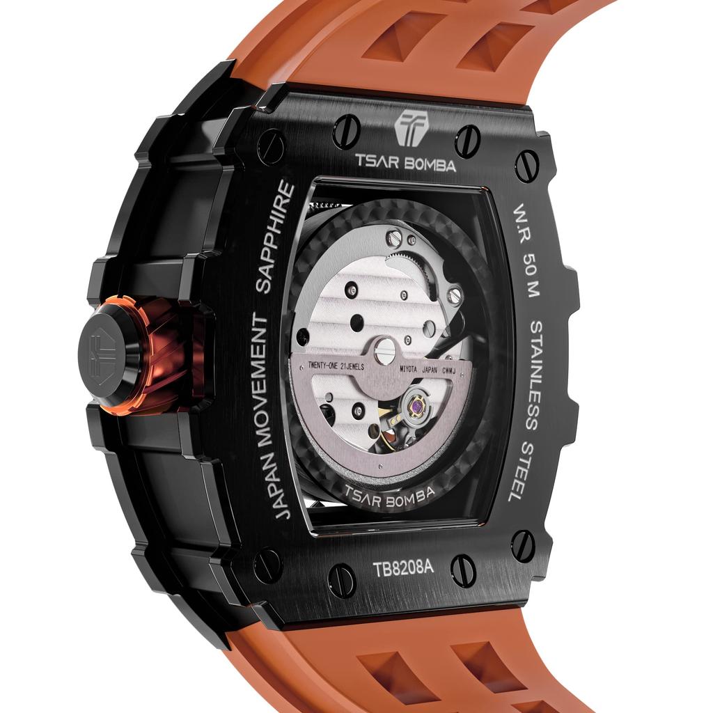 TSAR BOMBA Skeleton Автоматические механические аналоговые часы-скелетоны 5 ATM Водонепроницаемые часы с силиконовым ремешком Большой циферблат Стальной корпус наручные часы Подарочные спортивные