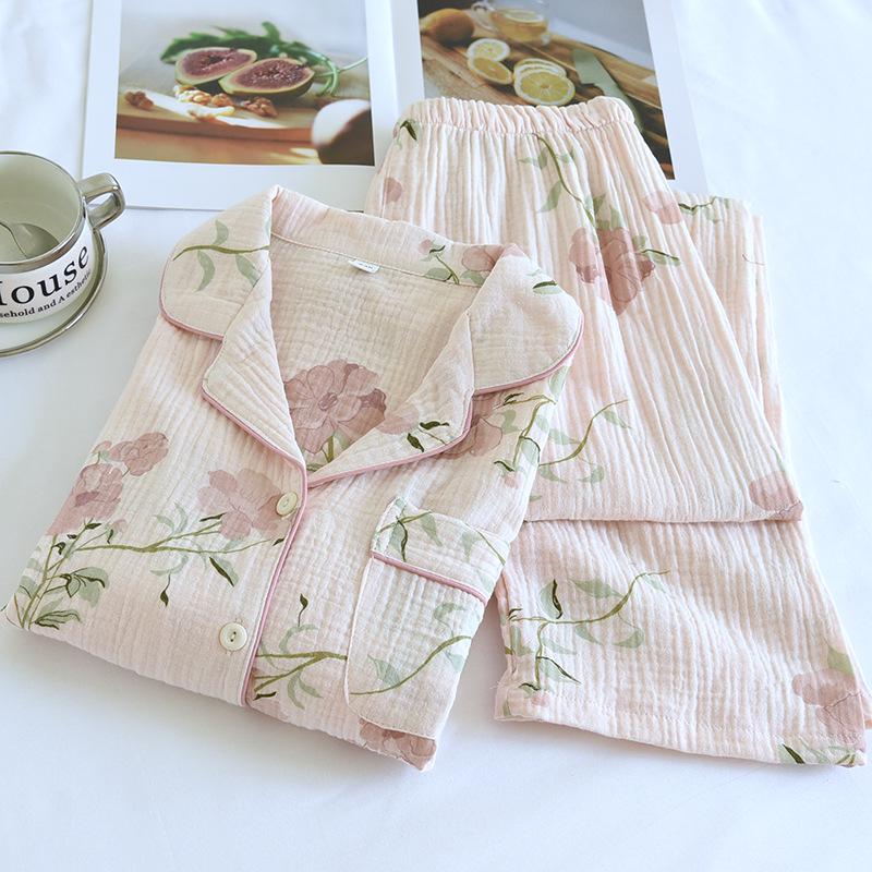 Женский весенне-осенний пижамный комплект из хлопковой марли - Топ с длинным рукавом и брюки