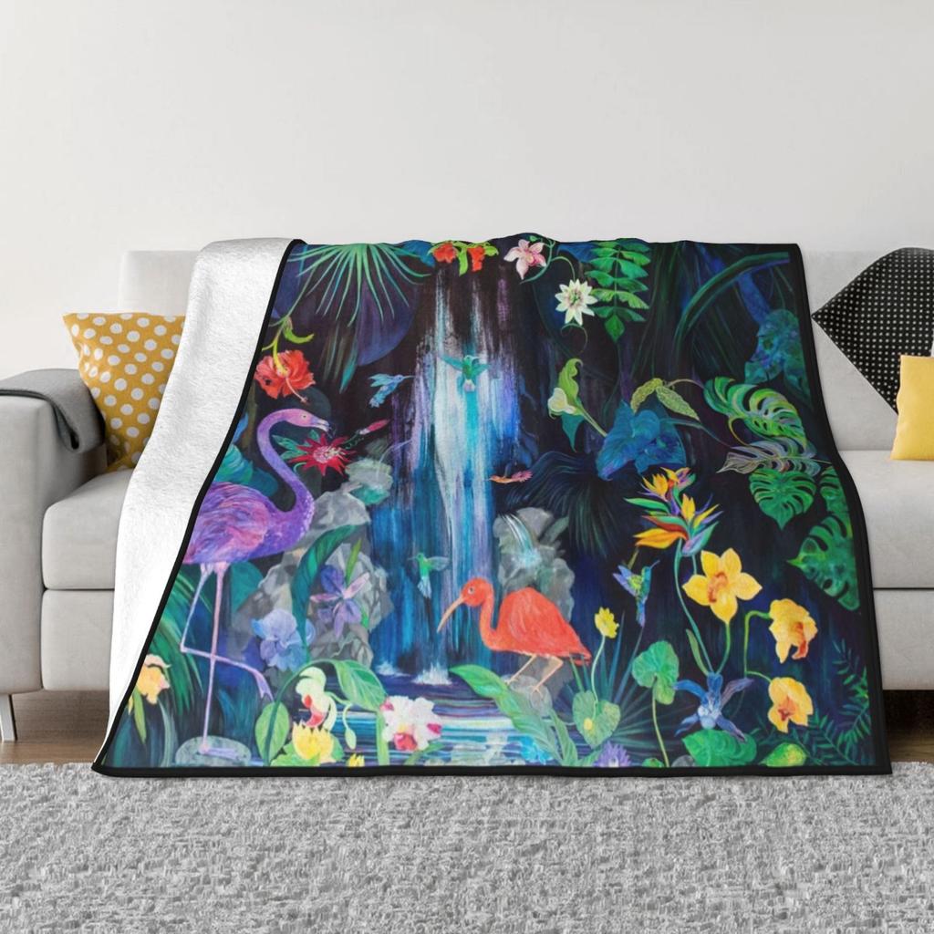 Tropical Haven Creative Design Comfortable Warm Flannel Blanket Trinidad Natural Beauty Tropical Painting Flamingo Art Scarlet