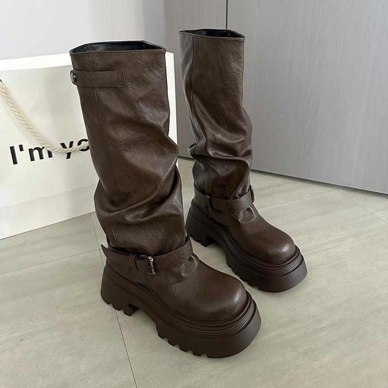 Autumn Winter Vintage Thick Bottom Woman Knight Boots Fashion Belt Buckle Shoes Female Height Increase Slip On Long Booties