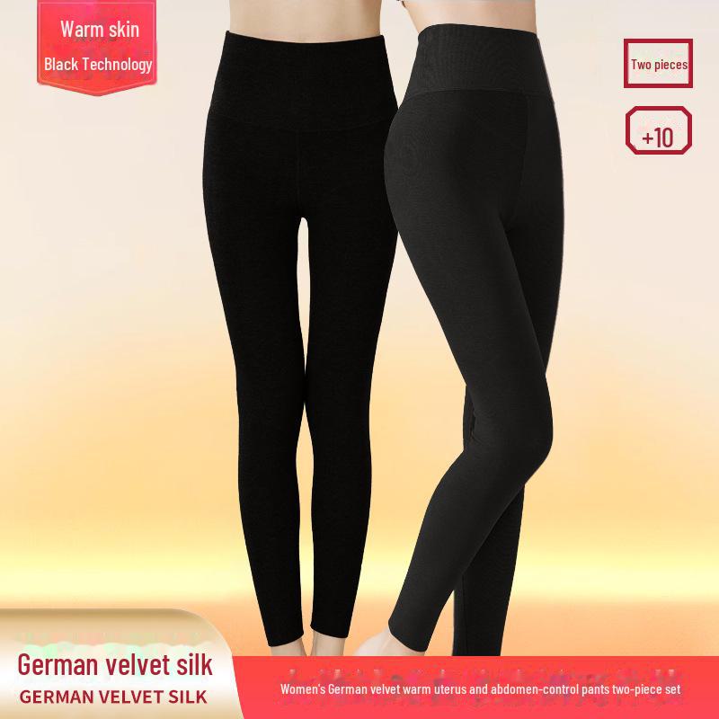 Women's Silk-Protein High Waist Velvet Pants, Black/Gray 2-Piece: Vertical Striped, Warm for Autumn/Winter