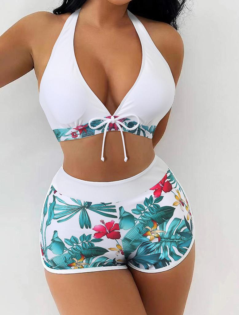 Swimsuit Women's split high waist flat angle strap print solid color splicing Internet celebrity swimsuit
