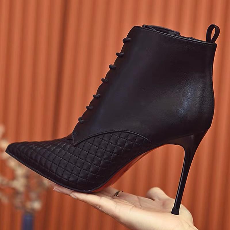 Острый носок женские зимние ботильоны на высоком каблуке модная обувь зимние сексуальные шнурованные новые ботинки 2024 трендовые дизайнерские туфли-лодочки Botas Mujer
