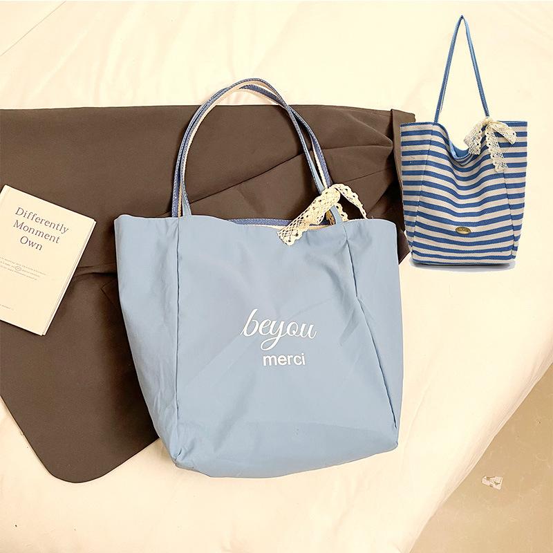 Корейская версия однотонной нейлоновой сумки через плечо, повседневная сумка большой вместимости, двухсторонняя сумка-тоут для поездок на работу, полосатая холщовая сумка