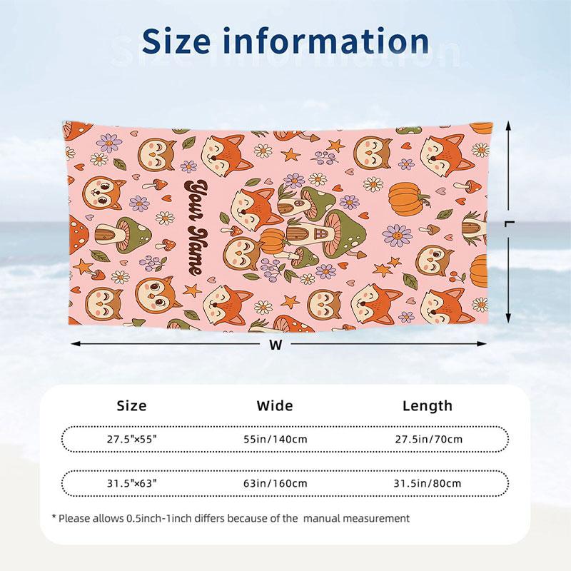 Autumn Fox Fantasy Theme Quick Dry Beach Towel Custom Name Text Print Large Sand Resistant Towel Beach Vacation