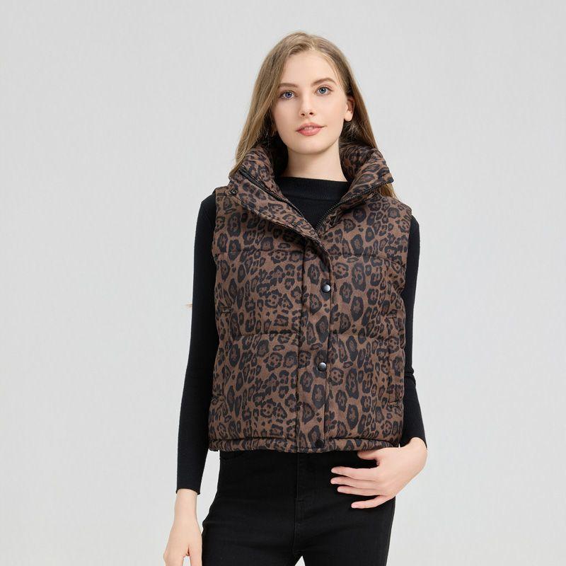 Fashion Leopard Print Short Vest Stand Collar Warm Sleeveless Jacket Women Outerwear Autumn Winter