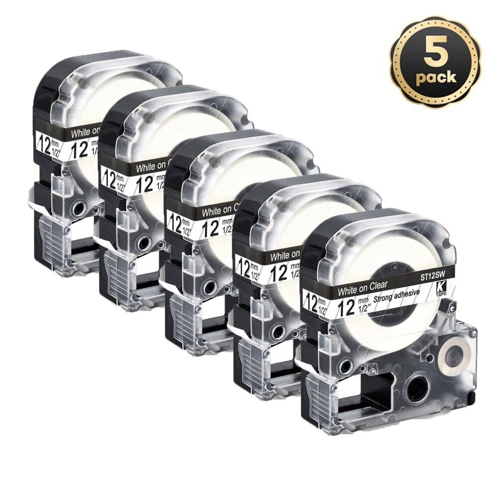 5 упаковок, 12 мм, черный на белом, совместимые этикетки Epson LC-4WBN/SS12KW SC12RW SC12YW ST12KW для принтера Epson LW300 LW400 500 600