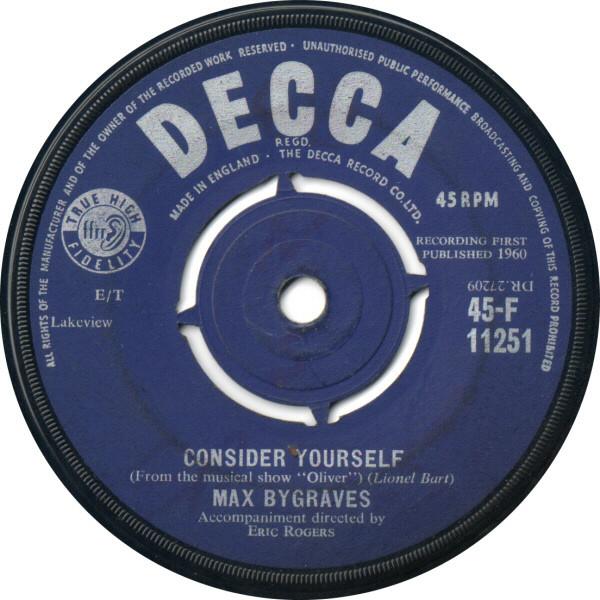 7-дюймовая пластинка MAX BYGRAVES - Consider Yourself 45F11251 Decca 1960 UK Поп Б/у