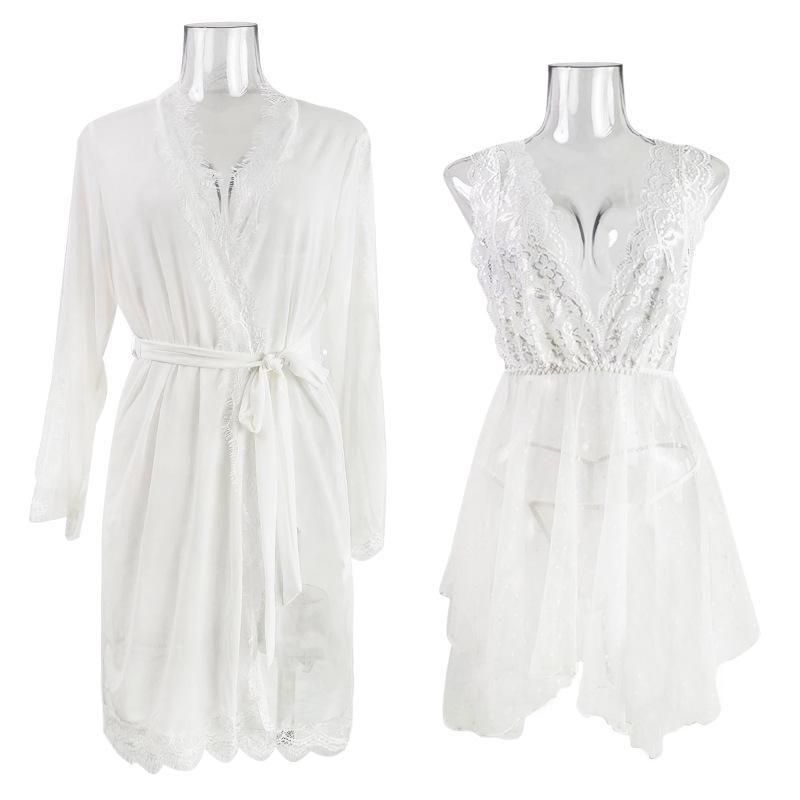 Кружевная пижама женская ажурная спинка халат перспектива горошек сетчатая юбка на подтяжках банный халат комплект