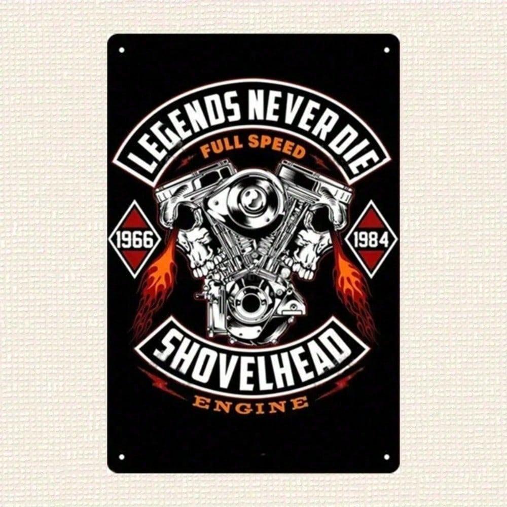 Shovelhead Legendz 1965 Металлическое настенное искусство Красное пламя Декор гаража Легенды никогда не умирают Табличка