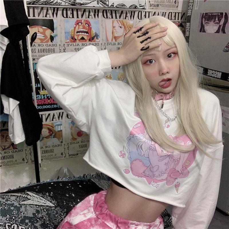 Harajuku Kawaii, милая футболка с принтом для девочек из мультфильма «Аниме», белые футболки с длинными рукавами, женские милые топы, свободные пуловеры, женская одежда