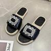 Shiny Diamond Metal Buckle Sandals 2024 Summer Women's New Flat Slippers Wear Casual Fashion Word Beach Shoes