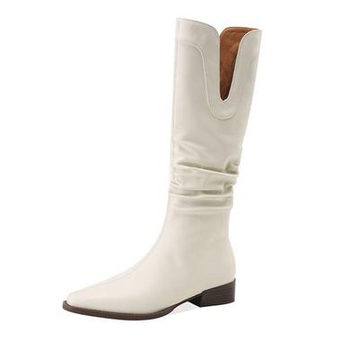 Зимние сапоги из коровьего спилка с круглым носком, толстые низкие каблуки, конные ботинки, женские сапоги до бедра со плиссированной отделкой и украшением