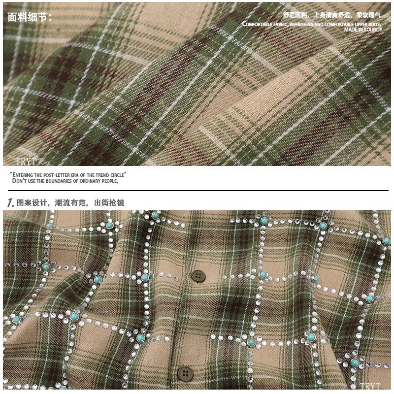 Retro resurgence niche tide cool atmosphere plaid short-sleeved shirt hot diamond mesh design men's casual shirt