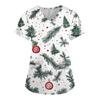 Women's Cute Printed Work Clothes V-neck Double Layer Pockets Basic Short Sleeve Top Pullover Christmas