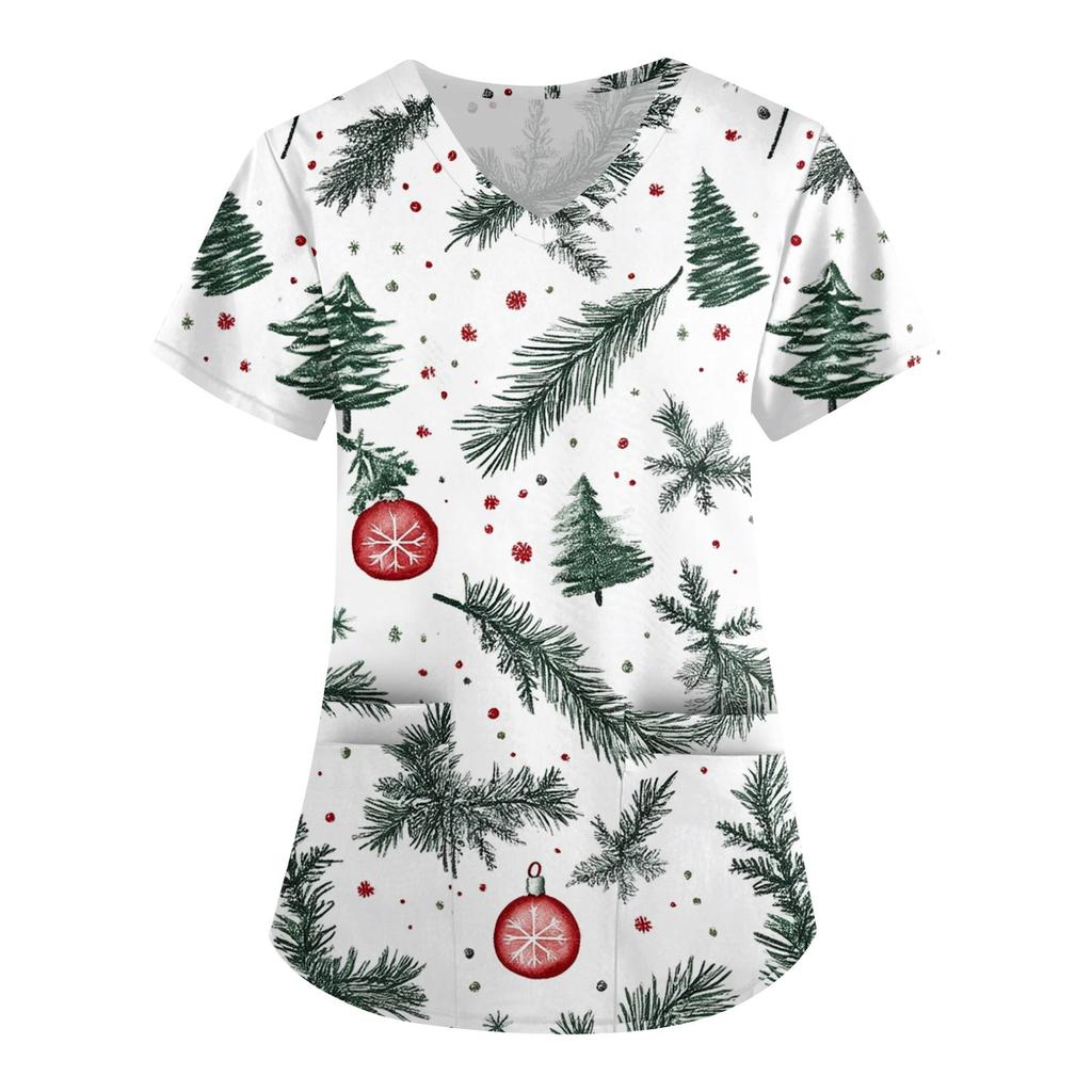 Women's Cute Printed Work Clothes V-neck Double Layer Pockets Basic Short Sleeve Top Pullover Christmas