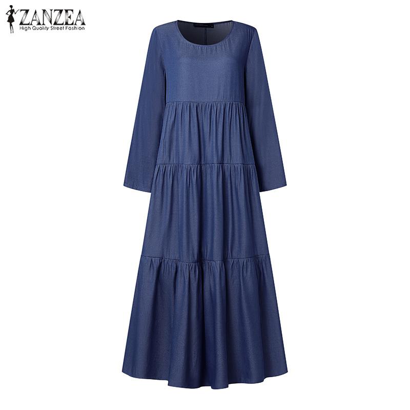 ZANZEA Женское повседневное платье с круглым вырезом и длинным рукавом