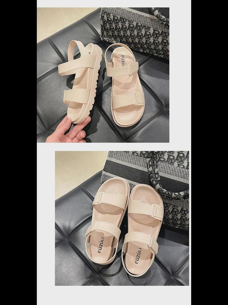 2024 Летние женские плоские корейские модные пляжные сандалии с ремешком на липучке