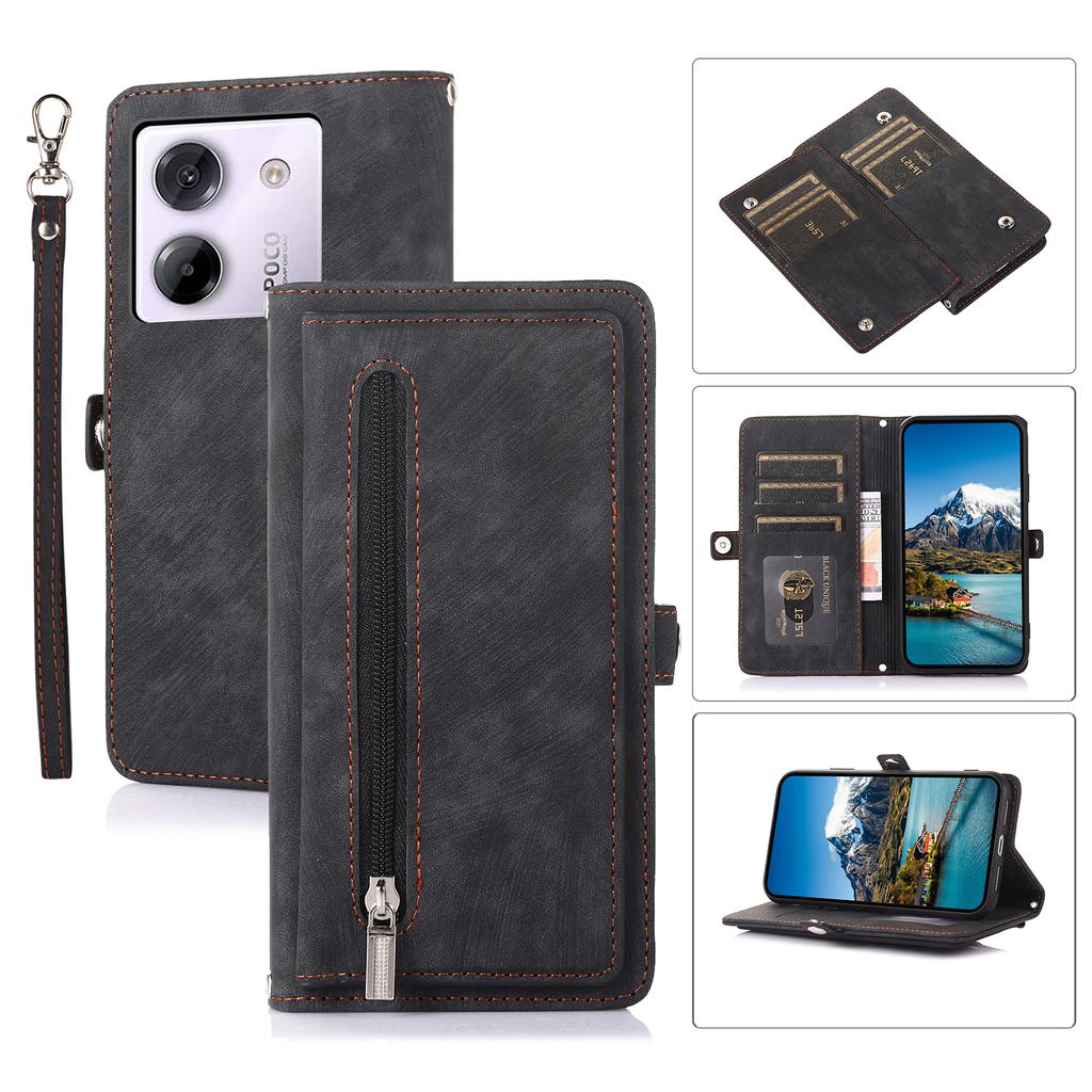 Чехол для Xiaomi Poco M7 Pro 5G с карманом на молнии, 9 отделениями для карт, кожаный чехол для телефона из ПУ с ремешком на запястье
