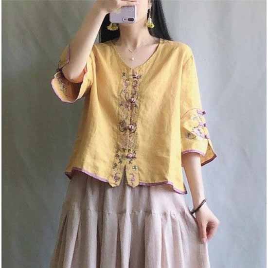 Summer Women's Clothing Shirts Blouse Blusa Mujer Vintage Casual Camisas Woman Blouses Cotton Linen V-Neck Embroidery