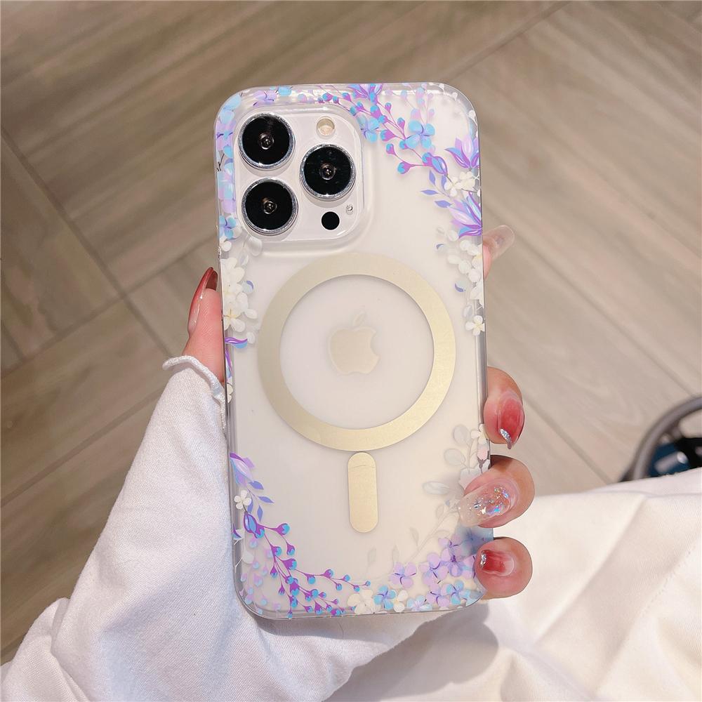 Цветочный бампер для чехла с магнитной беспроводной зарядкой для iPhone 17 Air 16 15 14 13 12 11 Pro Max Plus Ударопрочная акриловая крышка