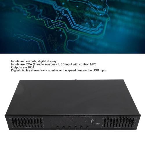 20-полосный эквалайзер, стерео графический эквалайзер с цифровым дисплеем, встроенный BT, регулировка высоких, средних и низких частот, поддержка BT и USB