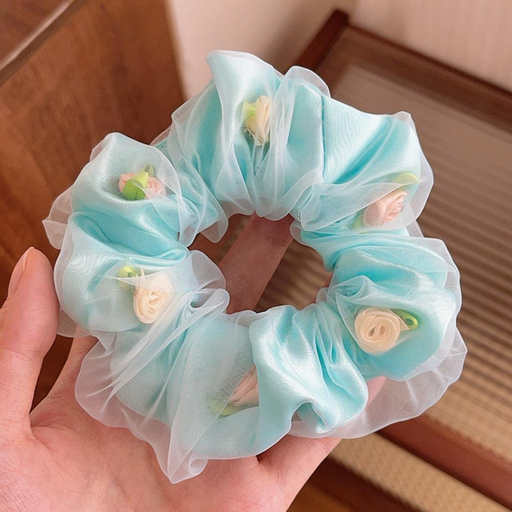 French Style Double Layer Hair Rope Large Intestine High Elastic Hair Bands Mesh Rose Blossom Ponytail Headband for Women