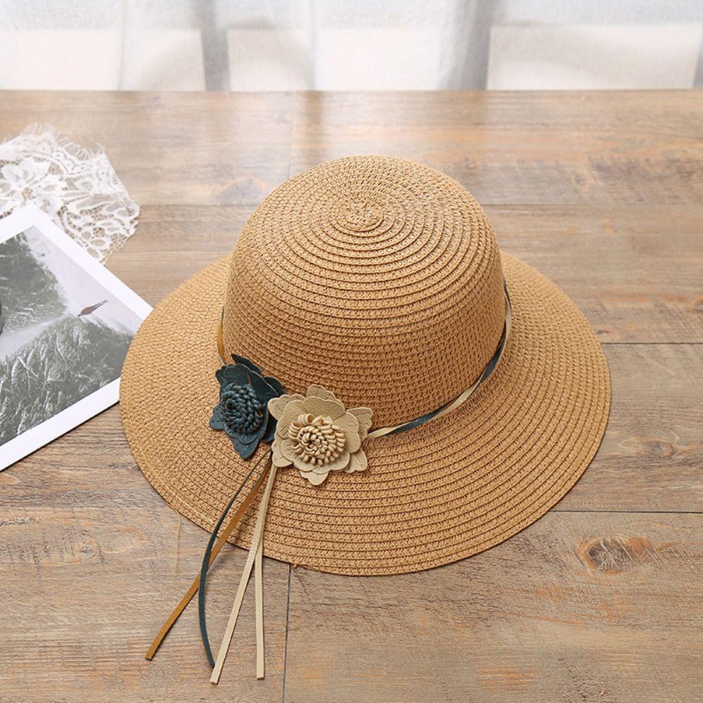 Durable Summer Beach Small Brimmed Sunshade Hat Panama Style Hat Sun Hat Flower Straw Hat